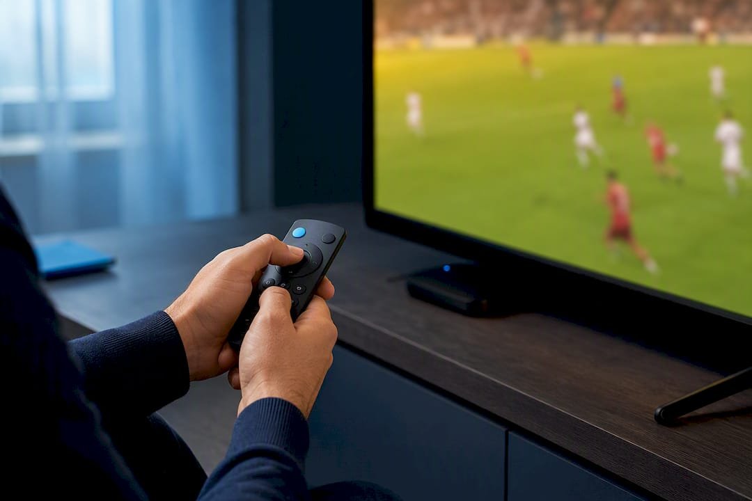 Anonymous streaming device beside football TV