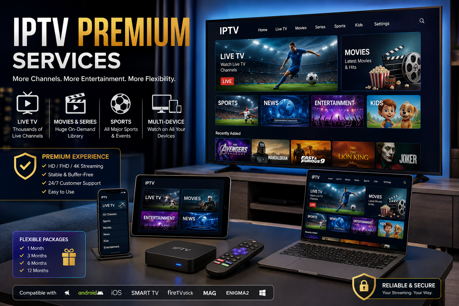 IPTV premium services with channels and multi-device streaming